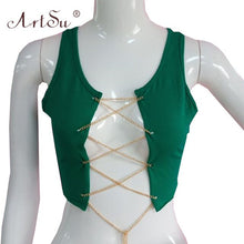 Load image into Gallery viewer, ArtSu Silver Gold Metal Chain Sexy Lace Up Crop Top Female Clubwear Women Hollow Out Tank Top Tees Summer White Black Red Tops
