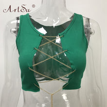 Load image into Gallery viewer, ArtSu Red Black White Metal Chain Sleeveless Crop Top Sexy Clubwear Women Adjustable Lace Up Hollow Out Tank Tops Tees Camisole
