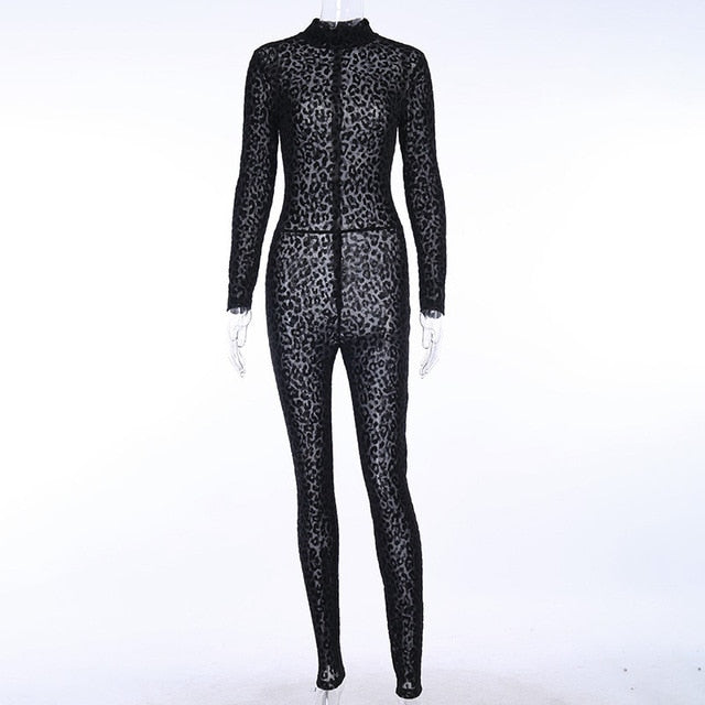 Transparent Leopord Pattern Long Sleeve One-piece Jumpsuit Women Sexy Turtleneck Back Zip High Waist Trousers Body Suit Clubwear