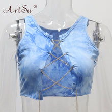 Load image into Gallery viewer, ArtSu Silver Gold Metal Chain Sexy Lace Up Crop Top Female Clubwear Women Hollow Out Tank Top Tees Summer White Black Red Tops
