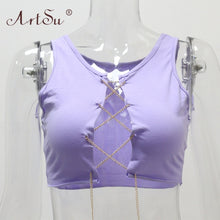 Load image into Gallery viewer, ArtSu Silver Gold Metal Chain Sexy Lace Up Crop Top Female Clubwear Women Hollow Out Tank Top Tees Summer White Black Red Tops
