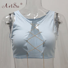 Load image into Gallery viewer, ArtSu Silver Gold Metal Chain Sexy Lace Up Crop Top Female Clubwear Women Hollow Out Tank Top Tees Summer White Black Red Tops
