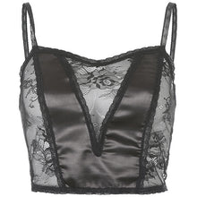 Load image into Gallery viewer, Goth Dark Gothic Sexy Mesh Black Camis Punk Patchwork Strap V-neck Transparant Women Crop Tops Hollow Out Front Summer Clubwear
