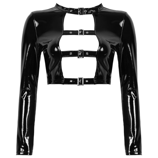 Womens Wet Look Fashion Tops Patent Leather Hollow Out Front with Buckles Gothic Punk Moto Costume Crop Top for Party Clubwear