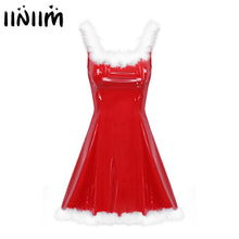 Load image into Gallery viewer, Womens Mrs Santa Claus Fancy Dress Christmas Costume Cosplay Clubwear Sleeveless Latex White Feather Trim A-line Dress with Hat
