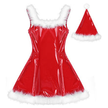 Load image into Gallery viewer, Womens Mrs Santa Claus Fancy Dress Christmas Costume Cosplay Clubwear Sleeveless Latex White Feather Trim A-line Dress with Hat
