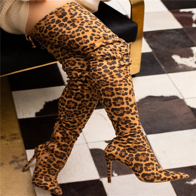 2020 Women Thigh High Boots High Heel Leopard Stretch Sock Slip-on Boots Winter Sexy Ladies Over The Knee Stripper Shoes