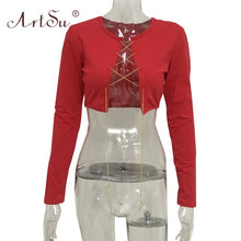 Load image into Gallery viewer, ArtSu Silver Gold Metal Chain Sexy Lace Up Crop Top Female Clubwear Women Hollow Out Tank Top Tees Summer White Black Red Tops
