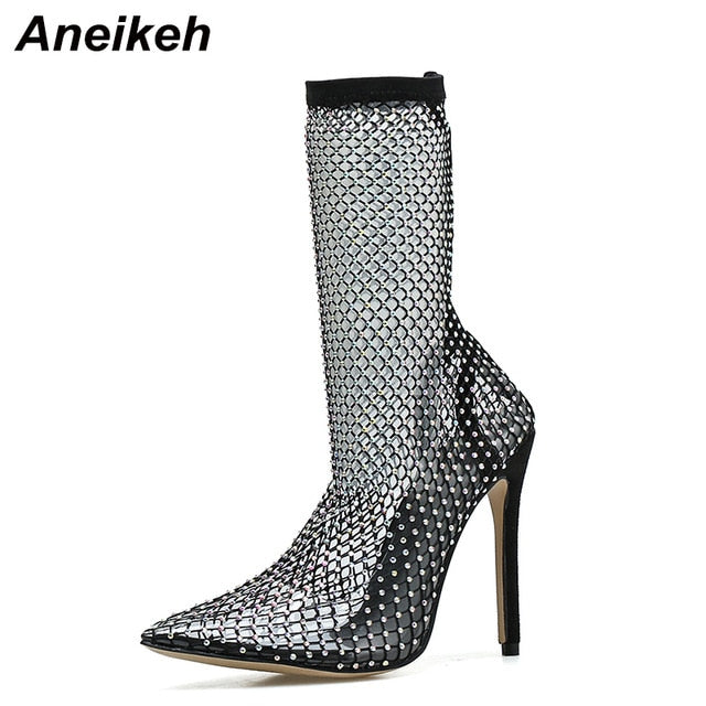 Aneikeh 2020 Spring Sexy Bling CRYSTAL Mesh Pumps Woman Fetish Thin High Heel PVC Pointed End Stripper Slip-On Retro Party Shoes