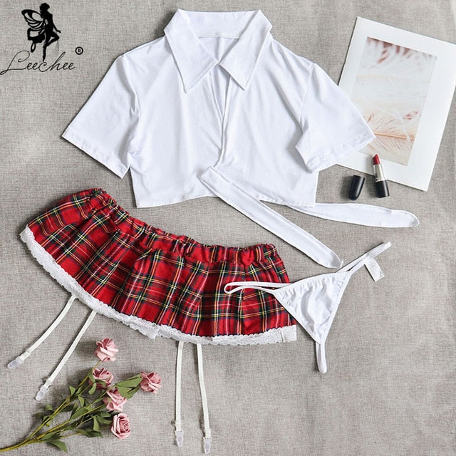 Leechee Women Sexy Skirt Cosplay Lingeire Tartan Garter Tie Front Lingerie Set+Thong 3pcs Role Play Schoolgirl Erotic Costumes