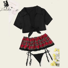 Load image into Gallery viewer, Leechee Women Sexy Skirt Cosplay Lingeire Tartan Garter Tie Front Lingerie Set+Thong 3pcs Role Play Schoolgirl Erotic Costumes
