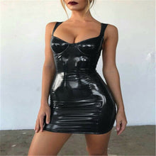 Load image into Gallery viewer, Sexy Faux Leather Dress Backless Club Party Short Dress Solid Black Wet Look Latex Bodycon Push Up Bra Mini Micro Dress
