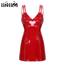 Load image into Gallery viewer, Womens Sexy Ladies Pole Dancing Evening Party Dress Patent Leather Straps Slim Fit Bodycon Mini Dress Mini Costumes Clubwear
