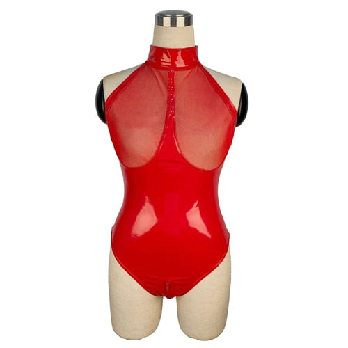 S-5XL Plus Size Bandage Transparent PVC Catsuit Zipper Open Crotch Bodysuit High Cut Body Pole Dance Clubwear Bodystocking Suit