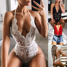 Load image into Gallery viewer, Women Fashion Floral Lace Lingerie Hollow Bodysuit Backless Deep V Neck Jumpsuit Ladies Solid Nightwear Clubwear Playsuit Romper
