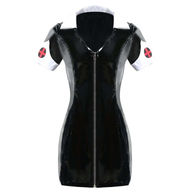 Sexy Exotic PVC Leather Vinyl Mini Dress Women Black Wet Look Nurse Cross Sheath Zipper Above Knee Dresses