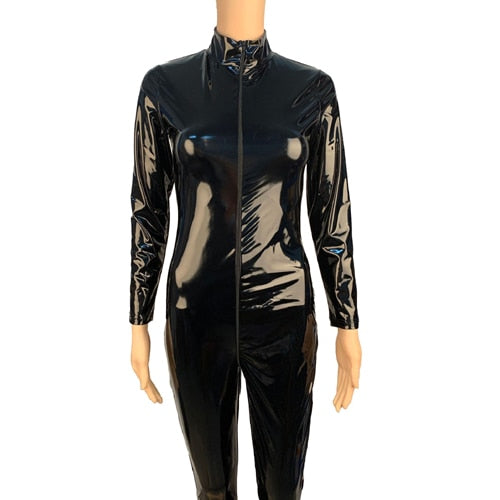 S-5XL Plus Size Wetlook Zipper Open Crotch Long Sleeve Bodysuit Shiny PVC Catsuit Overalls Rompers Bodycon Jumpsuit One Piece