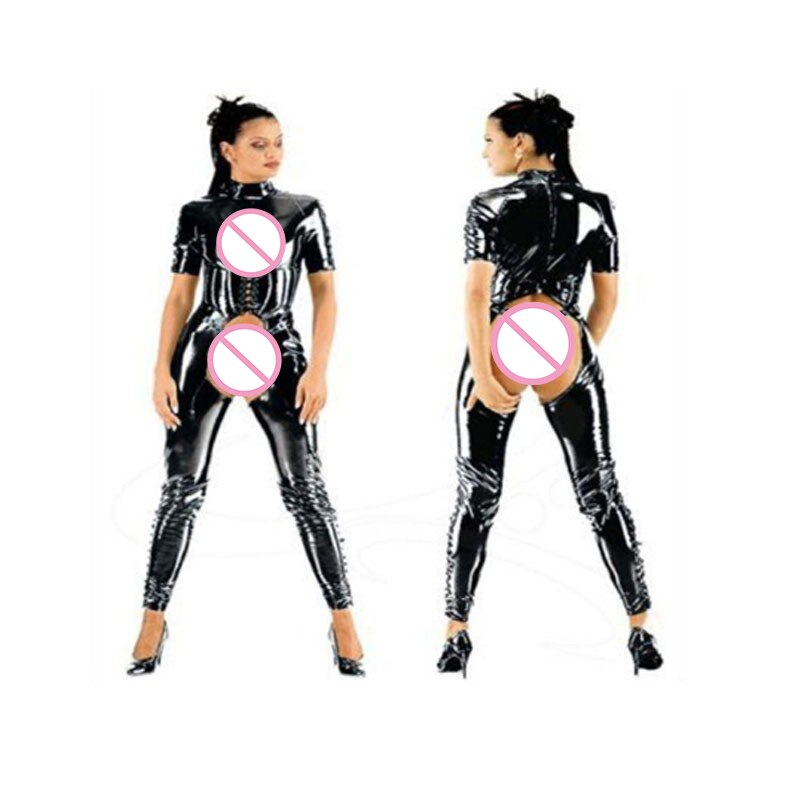 open Crotch catsuit faux latex jumpsuit with short sleeves zipper back,wetlook pvc leather overalls bodysuits party costume