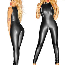 Load image into Gallery viewer, Sexy Black Wet Look zipper Faux Leather Jumpsuit PVC Latex Catsuit Club wear Costumes Women Open Crotch Bodysuit Fetish Uniforms
