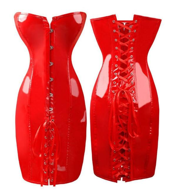 Women Steam punk Sexy PVC Latex Corset Dress Overbust Waist Tranier Nightclub Bar Sexy Corset bandage Mini Dress